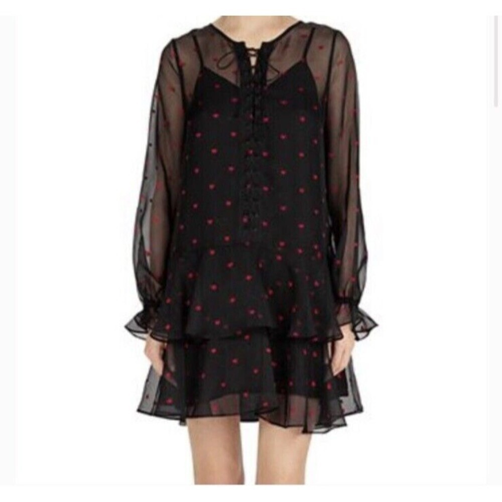 NEW The Kooples Dress Womens Black Sheer Tiny Hearts Print Lace Up Size 2 Medium
